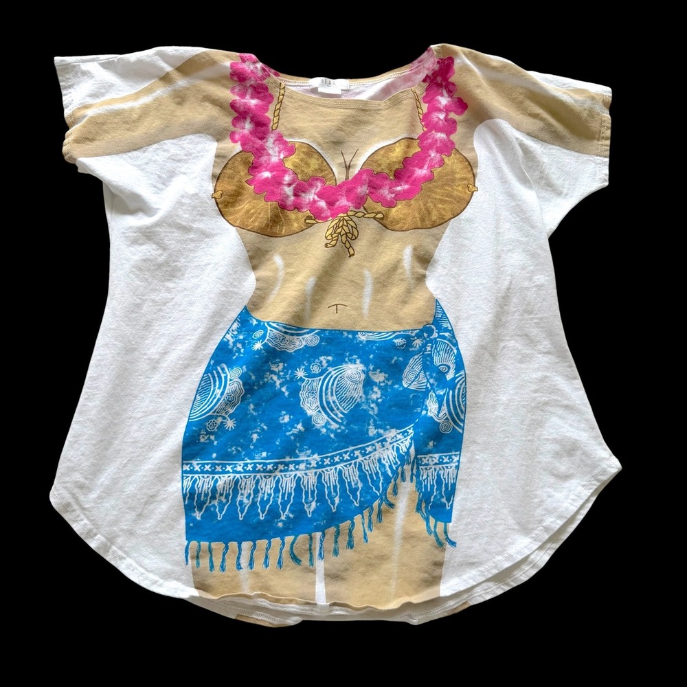Y2K Swimwear Bikini Body Cover Up T-Shirt Hula Girl Lei Blue Sarong Plus Size